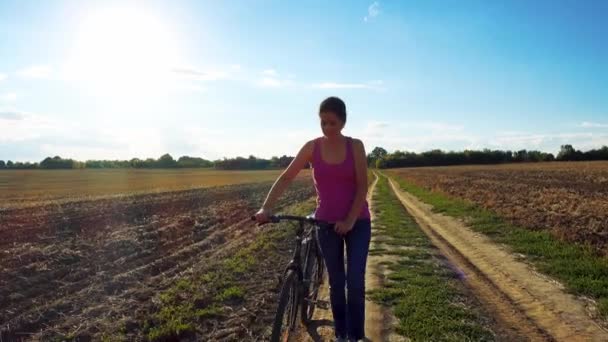 Young Happy Woman Bike Field Girl Takes Bike Ride Nature — Stockvideo