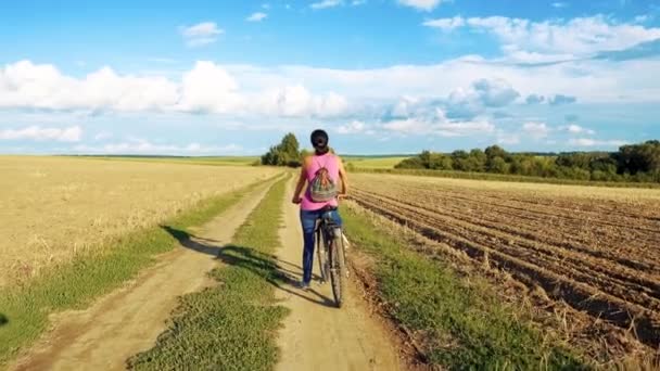 Young Happy Woman Bike Field Girl Takes Bike Ride Nature — Stockvideo