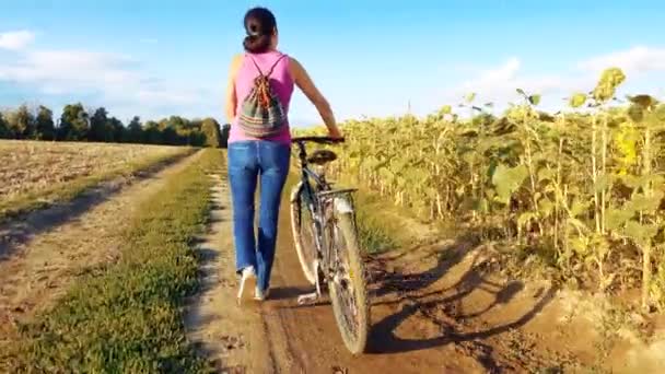 Young Happy Woman Bike Field Girl Takes Bike Ride Nature — Stok video