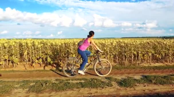 Young Happy Woman Bike Field Girl Takes Bike Ride Nature — Stockvideo