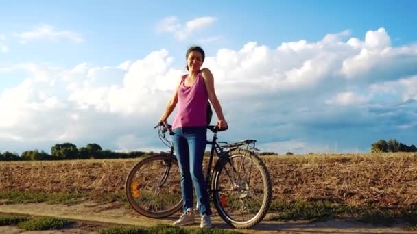 Young Happy Woman Bike Field Girl Rides Bike Nature Close — Wideo stockowe