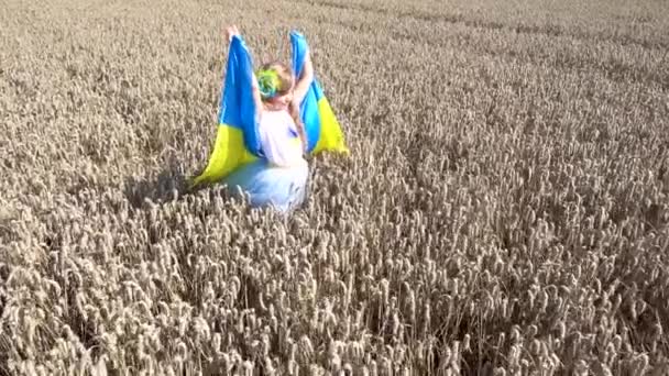 Κοριτσάκι Την Ουκρανική Σημαία Στο Πεδίο Παιδί Κορίτσι Σημαία Της — Αρχείο Βίντεο