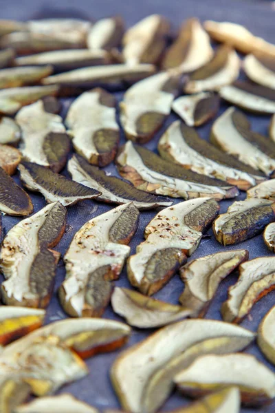 Sliced Porcini Mushrooms Drying Sliced Dried Natural Porcini Mushrooms Wood — 스톡 사진