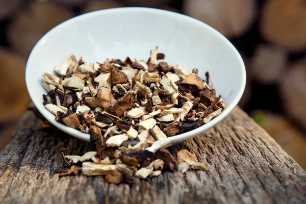 Dried natural porcini mushrooms in a plate. White mushrooms in a bowl on a wooden background. The concept of vegetarianism, restaurants, healthy eating. 