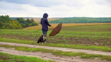 Bir kadın fırtınadan sonra köpeğini tarlada gezdirir. Bulutlu bir günde doğada çalışan bir teriyeri olan bir kız. Özgürlük, mutluluk, arkadaşlık, doğa kavramı. Kamera hareketi. 