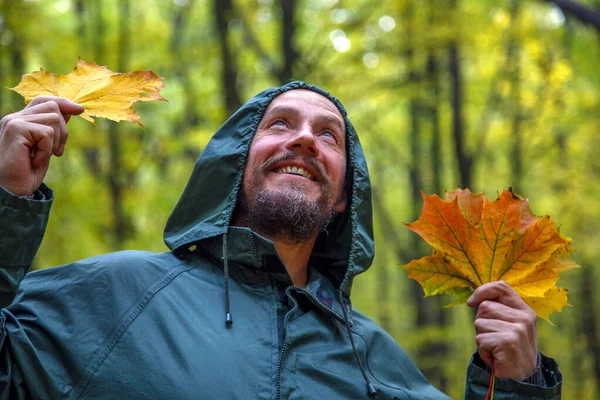 Homem Barbudo Com Folha Bordo Amarelo Outono Floresta Retrato Homem — Fotografia de Stock