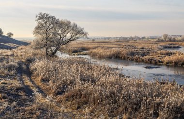 Irpen Nehri 'nde soğuk bir sabah. Kiev bölgesi. 5 Aralık 2021