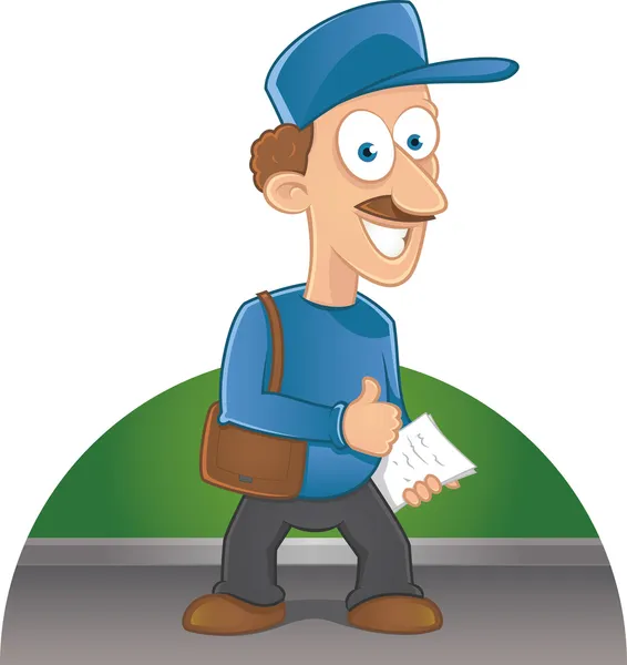 Vector cartoon happy postman with a mustache holding letters — Stock Vector