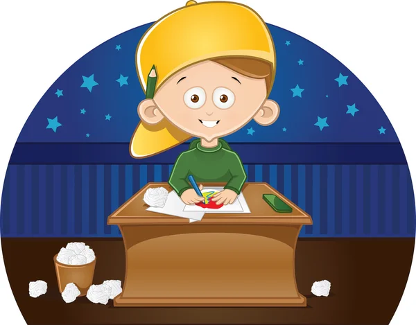 Cartoon cute little boy drawing a picture in his room — Stock Vector