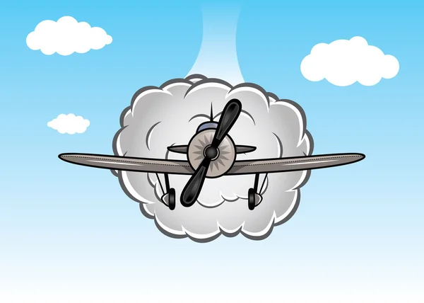 Vector biplano de dibujos animados en el cielo con nubes — Vector de stock