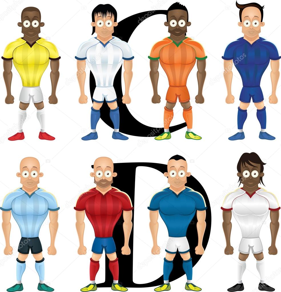 Vector cartoon illustration of soccer players, isolated, front view