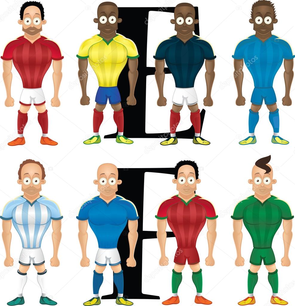 Vector cartoon illustration of soccer players, isolated, front view