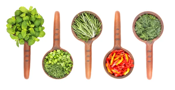 Flavoring herbs and spices in ceramic scoops — Stock Photo, Image