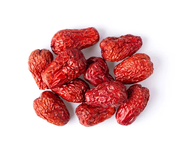 Jujube中国語の白い背景に赤い日付の果物を乾燥させた トップビュー — ストック写真