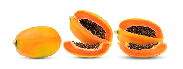 Olgun Papaya Meyvesi Beyaz Arka Planda Izole Edilmiş Tohumlar Tam — Stok fotoğraf
