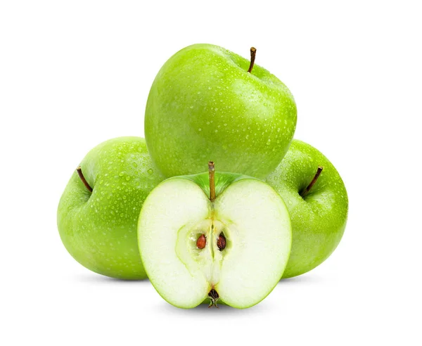 Zelené Jablko Izolované Bílém Pozadí Kapkou Vody Plné Hloubce Pole — Stock fotografie