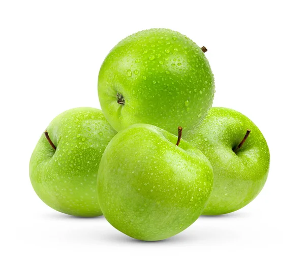 Manzana Verde Aislado Sobre Fondo Blanco Con Gota Agua Plena —  Fotos de Stock