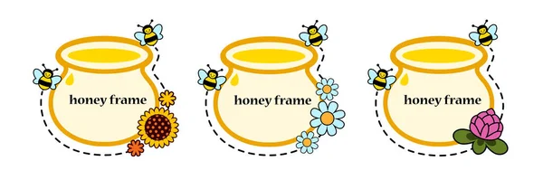 蜂蜜罐贴纸 蜂蜜罐 可爱的蜜蜂和各种花 洋甘菊 葵花树和三叶草 包装标签设计的客户 图库插图