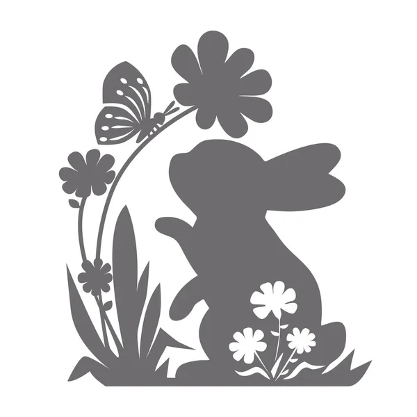 可爱的复活节兔子与花和蝴蝶 复活节快乐卡春天的设计 花兔侧写 免版税图库插图