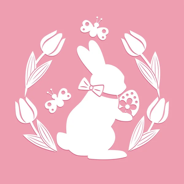 Silhouette Simpatico Coniglietto Con Uovo Pasqua Tulipani Farfalle Buona Pasqua — Vettoriale Stock