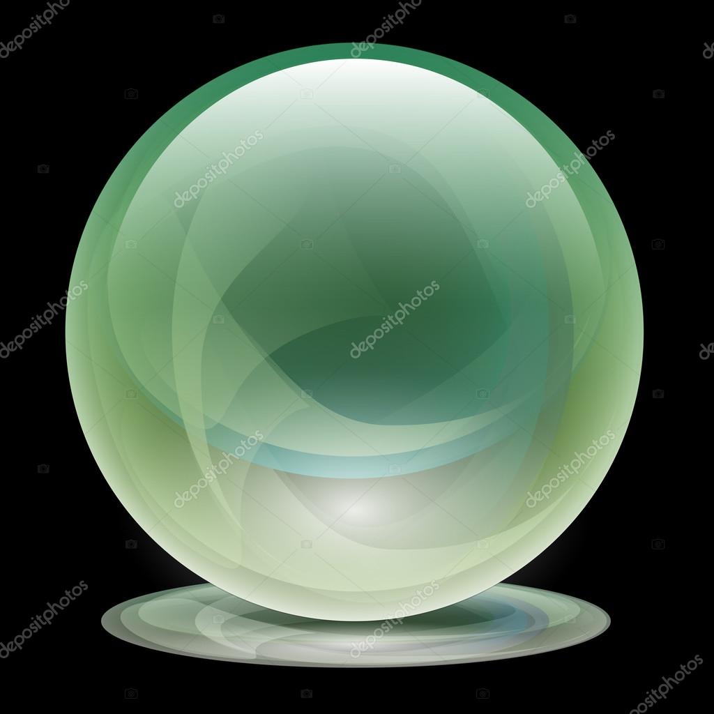 Illustration of green transparent glass globe on a black background.