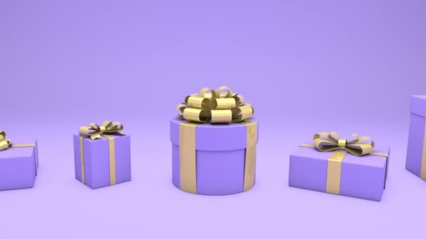 Animación Caja Regalo Púrpura Girando Desplazándose Sobre Fondo Púrpura Concepto — Vídeos de Stock