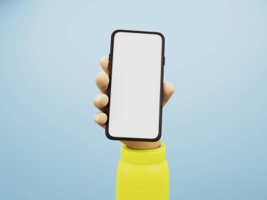 Mavi arka planda el ele tutuşan akıllı telefon. 3D görüntüleme.