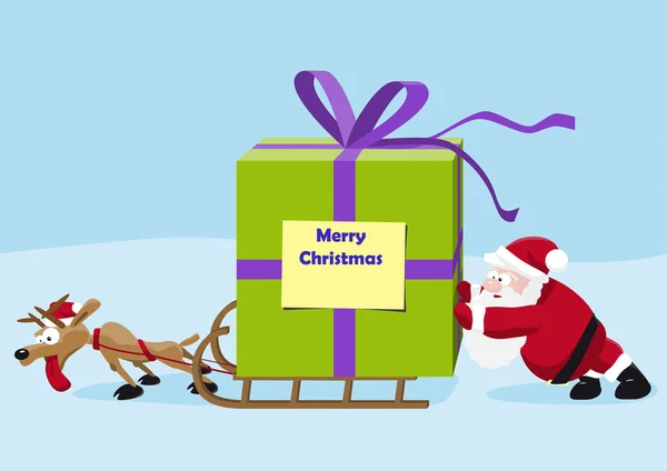 Santa con ciervos mover un regalo pesado — Vector de stock