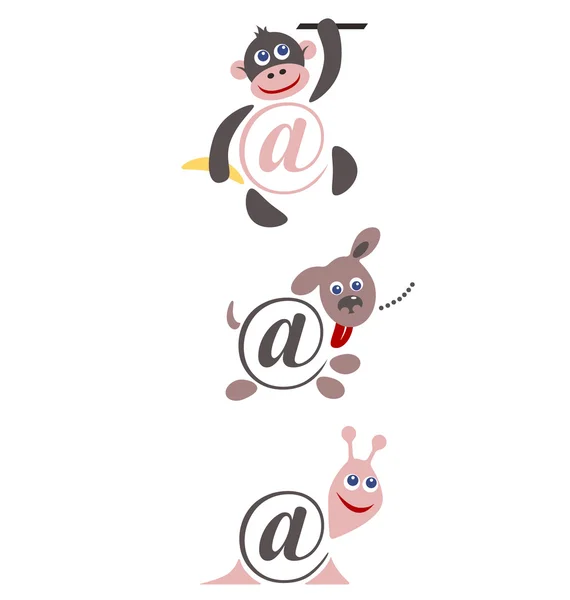 Mezinárodní značka e-mail, zvířata barevné ilustrace — Stockový vektor