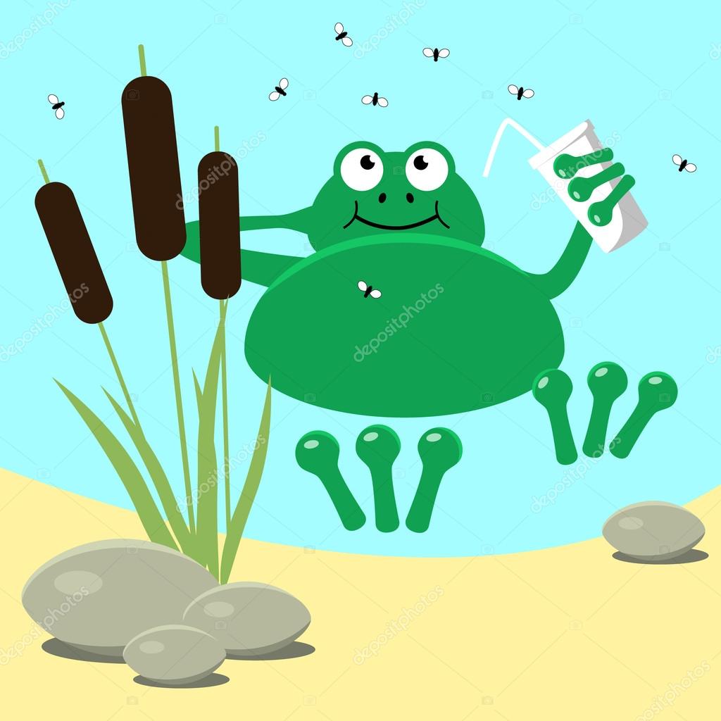 Midge e canne di palude riposo rana — Vettoriale Stock