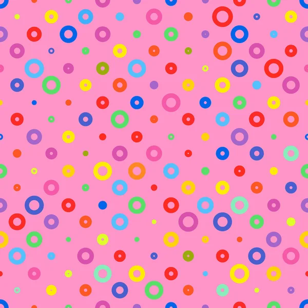 Tela de fondo rosa con círculos de colores patrón sin costuras — Vector de stock