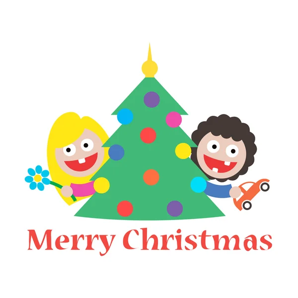 Niña y niño feliz árbol de regalo de Navidad — Vector de stock