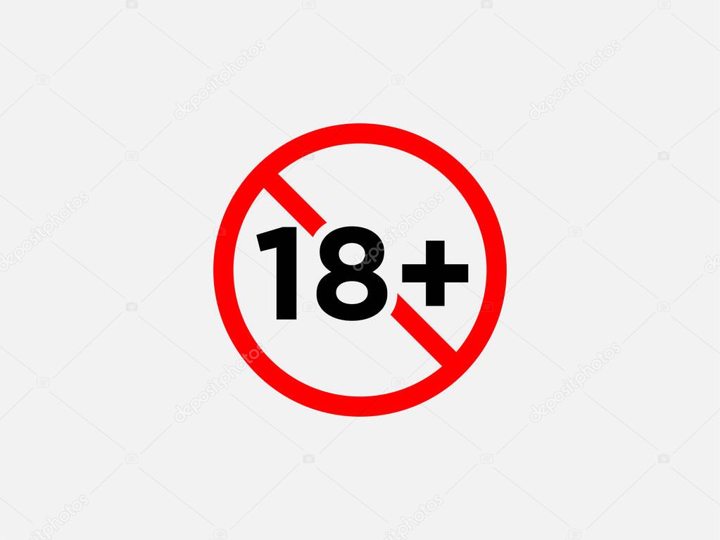 Plus 18 prohibition sign for people under eighteen years of age. For adults only. Vector illustration, flat design.