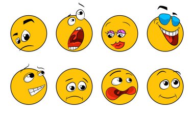 Set of trendy emoji. Cartoon emoticon sign. Vector fun character.