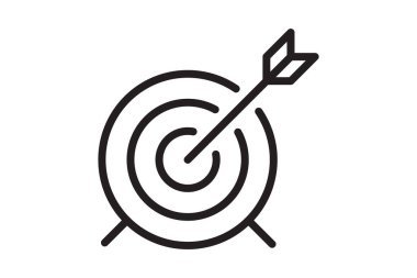 Ok hedef simgesinde. Strateji başarıyı simgeler. Vektör illüstrasyonu siyah ve beyaz.