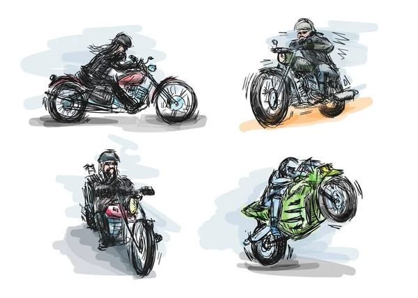 Motociclista Conjunto Arte Dibujado Mano Motocicleta Ilustración Vectorial Para Estampado — Archivo Imágenes Vectoriales