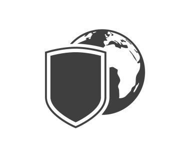 Kalkan beyaz arkaplandaki dünya vektör simgesini korur. Logo için şablon