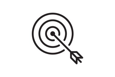 Ok hedef simgesinde. Strateji başarıyı simgeler. Vektör illüstrasyonu siyah ve beyaz.