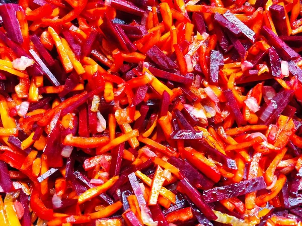 Cooking Vegan Healthy Food Vegetables Chopped Carrots Beetroot Frying Pan — Stok fotoğraf