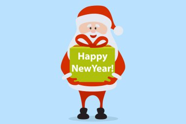 Hediyesi olan komik, mutlu Noel Baba karakteri. Kart, pankart, etiket ve etiket için. Vektör illüstrasyonu.