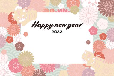 Japon desenli şirin yeni yıl kartı kaplan yılı illüstrasyonlu.