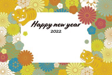 Japon desenli şirin yeni yıl kartı kaplan yılı illüstrasyonlu.