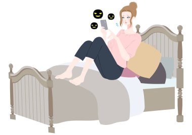 Yatakta akıllı telefon kullanan bir kadının klip sanatı.