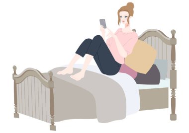 Yatakta akıllı telefon kullanan bir kadının klip sanatı.