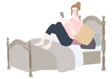 Yatakta akıllı telefon kullanan bir kadının klip sanatı.