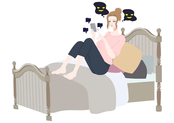 침대에서 스마트폰을 사용하는 여자의 — 스톡 벡터