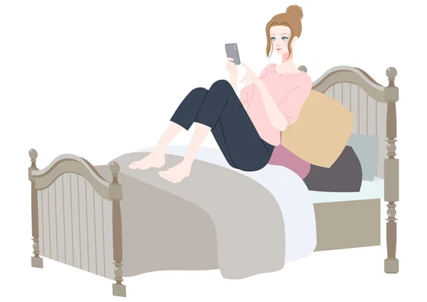 Clip Art Una Donna Che Utilizza Uno Smartphone Letto — Vettoriale Stock