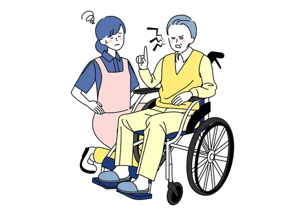 Απεικόνιση Ενός Ηλικιωμένου Αναπηρική Καρέκλα Και Ενός Μπουχτισμένου Φροντιστή — Διανυσματικό Αρχείο