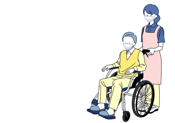 車椅子の高齢者と介護者のイラスト — ストックベクタ