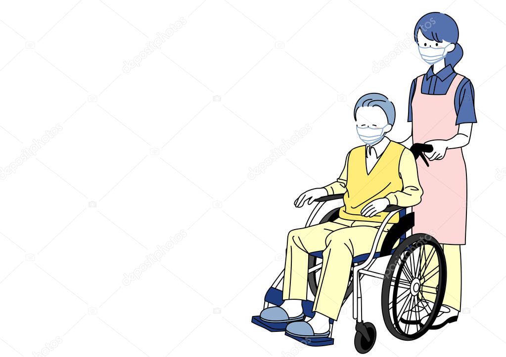 Illustration of a senior in a wheelchair and a caregiver pushing him